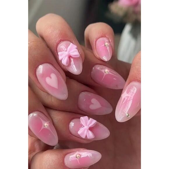 Pink Heart Print Bow Rhinestone Decor Almond Shape Glue On False Nails - Picture 1 of 4